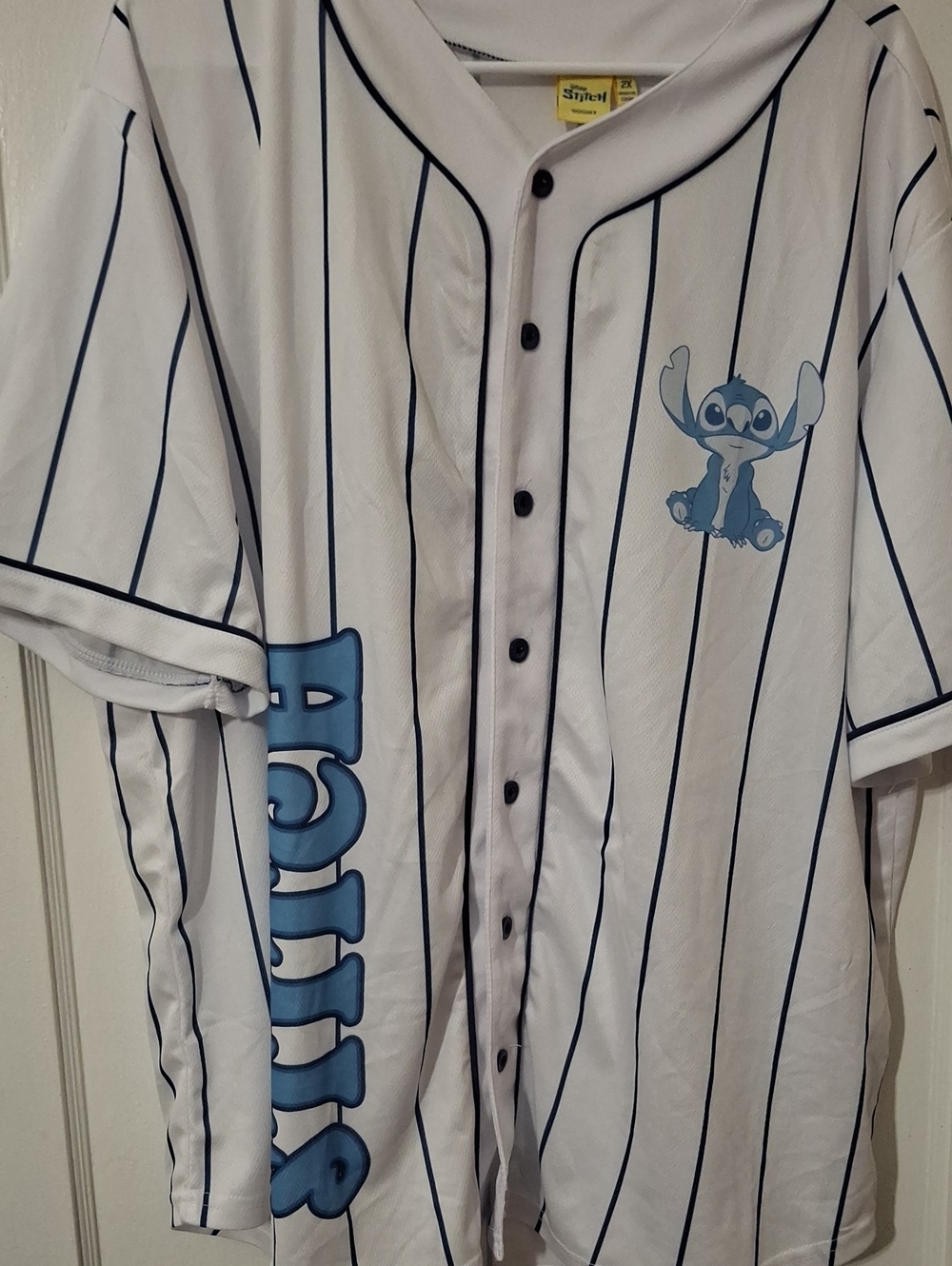 Stitch Themed Men's Pinstripe Baseball Jersey - White/Blue